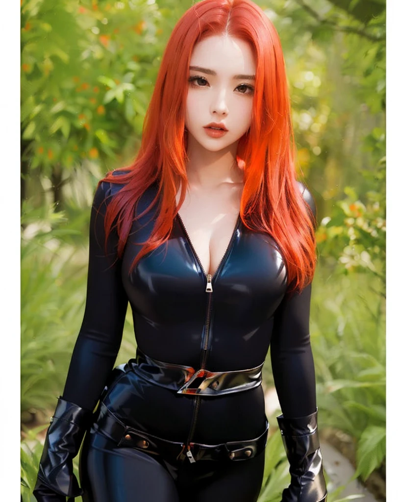 The image portrays a girl with red hair. She is dressed in a sleek skin-tight shiny black latex bodysuit with a deep-cut zipper neckline revealing a large chest, black wrist guard, and a black belt. The woman is standing in an environment characterized by the presence of green plants.