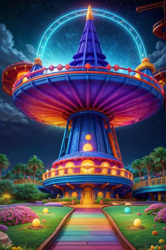an amusement park in a spiritual dimension, overlooking the universe, a large circle-shaped slide with colored water on the slide, imagine a realistic view from the top of a roller coaster overlooking the night sky, colored water
