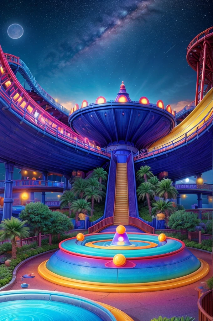 an amusement park in a spiritual dimension, overlooking the universe, a woman playing on the large circle-shaped slide with colored water on the slide, imagine a realistic view from the top of a roller coaster overlooking the night sky, colored water

