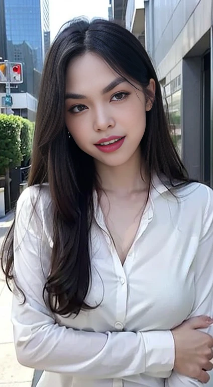 (best quality, masterpiece:1.2), white background, realistic, crew neck, closed-neckline, pants, (business jacket:1.2), (brown hair:1.2), big eyes, beautiful woman, smile, eyelashes, highly detailed face, fierce look, angry look, (long sleeved shirt: 1.2), looks like a naughty celebrity but is a good girl, virgin girl, inexperienced virgin girl, full body, (slanted angry eyebrows: 1.6), (discrete sex appeal: 1.0), (big kind smile: 1.2), (open mouth smile: 1.2), (happy: 1.2), (kind face: 1.2), (genuine smile: 1.2), (genuine smiling eyes: 1.2), innocent girl that looks naughty, traditional girl, (downtown city background: 1.2), looks angry but is not, extremely kind girl, self conscious about eyebrows