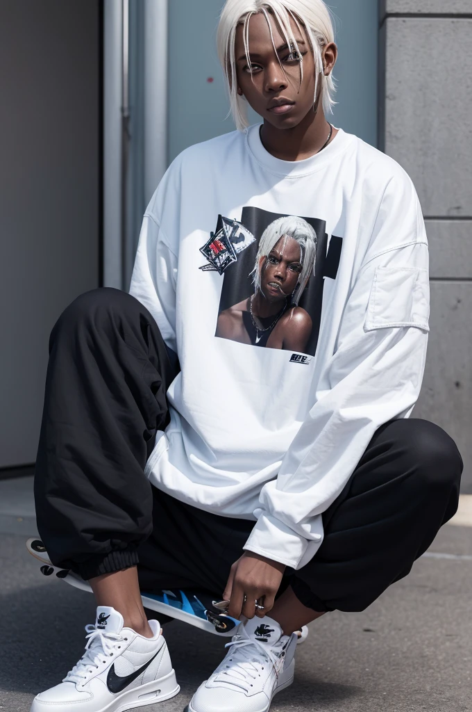 draw a boy with dark skin, platinum hair, doing a skateboard trick. He wears a plus-size shirt printed with the slipknot band., and oversized pants with black Nike sneakers in 2d style