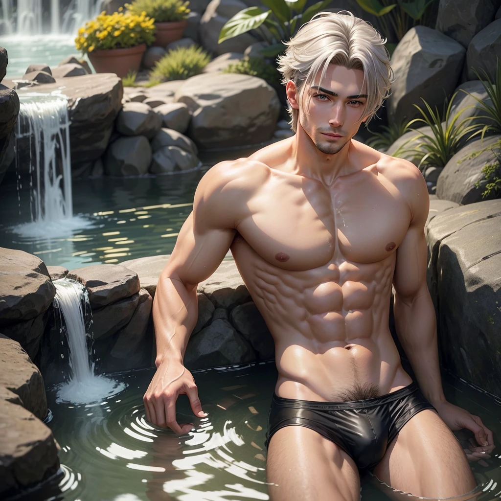 A 29-year-old man handsome and sexy stands at 5'9" with a slender yet muscular build, his stylis grey mullet hair, his grey iris gleaming in the warm light. He is shirtless, wearing sheer briefs with stylized and defined outline. He sits comfortably in a warm hot spring shower, surrounded by a serene atmosphere. The gentle water cascades down his body, creating a sense of relaxation and tranquility.