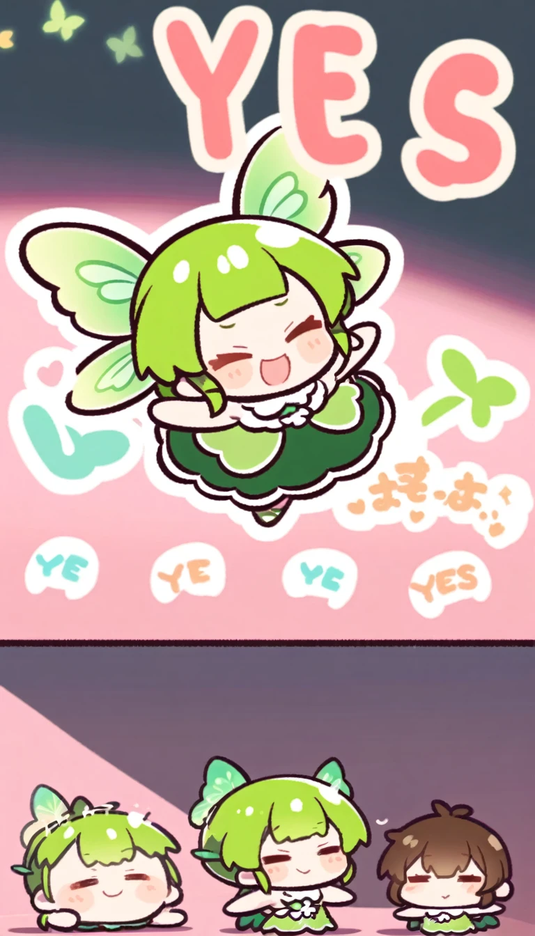 fairy girl, default pose neutral expression, shady, green fairy, smol, cute chibi, kawaii, happy, yes, smirking, cocky
