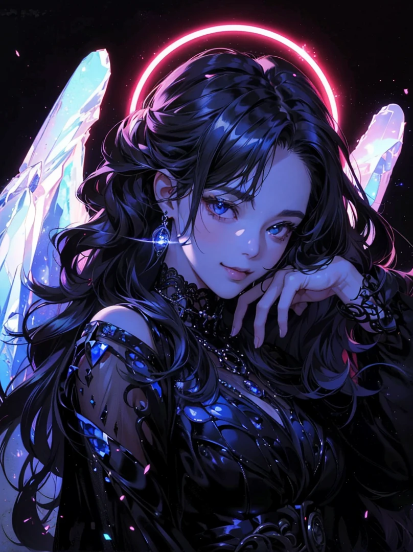 (Tabletop, Digital Art, Digital Illustration, 4K, 8k, Very detailed, Beautiful images, Clear images, Realistic, RAW Photos, Perfect Face, Perfect Lines, Perfect Eyes, Soft lighting) ,1 female, (Long black Shiny hair,Parted bangs、Bullish gaze,beauty,Mouth closed,Grin,mature,(thin,),White skin,23 year old female,:1.3),Shiny感触、Shiny感触、Lip gloss、Blue Crystal Jewelry、Shiny