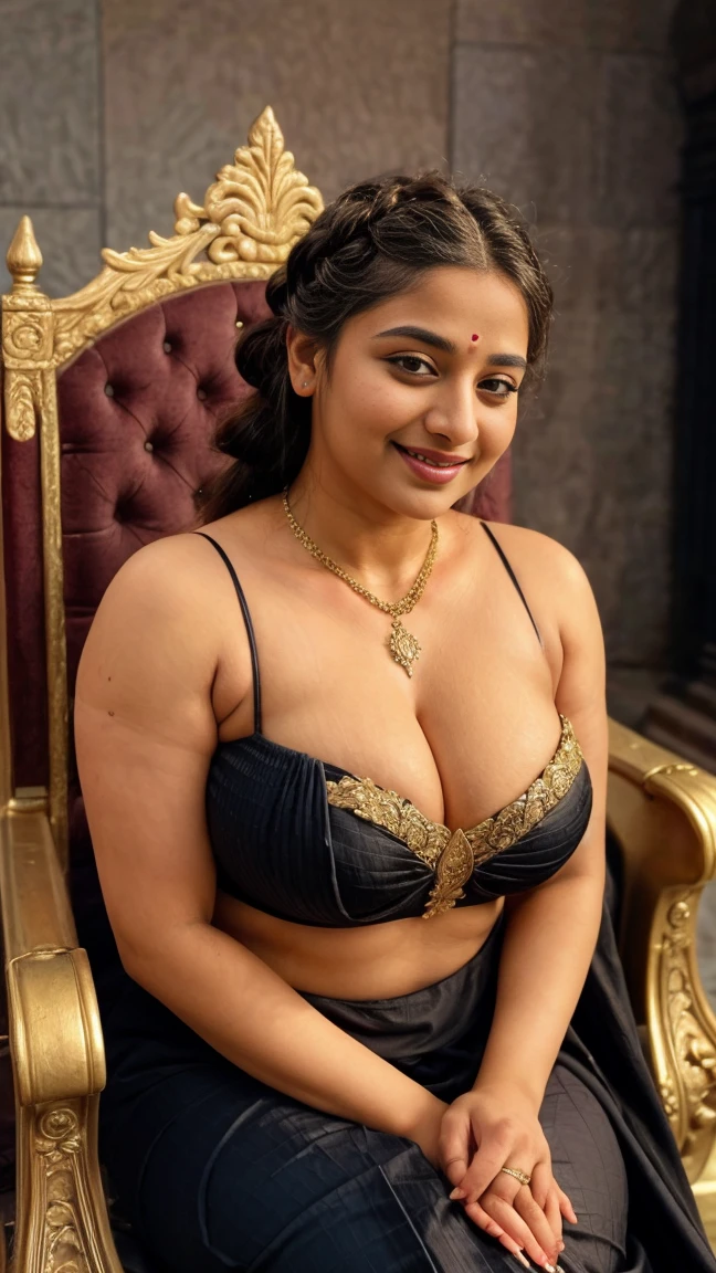 extreme close up photo of Indian goddess, hourglass figure, swooping breasts, deep cleavage, curvy, sitting royal pose on throne in temple, seductive eyes, sultry, French braid hair, black vintage saree, smile, necklace, (cinematic:1.3), intricate details, (ArtStation:1.2)