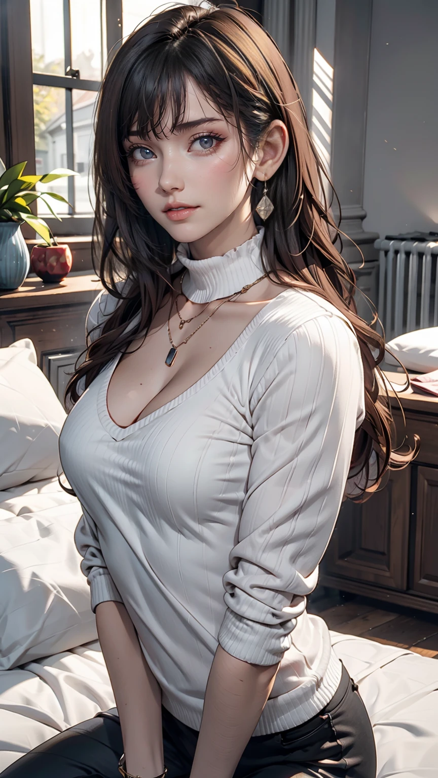 22 year old Caucasian female、The hair color is brown、Brown eyes、Long Hair、Straight hair、Wrist Accessories、Wearing a necklace、Wearing earrings、Skin is smooth、A slim but muscular body、She is wearing a turtleneck sweater with a plunging neckline..、Sit on the bed、smile、Female genitalia is visible