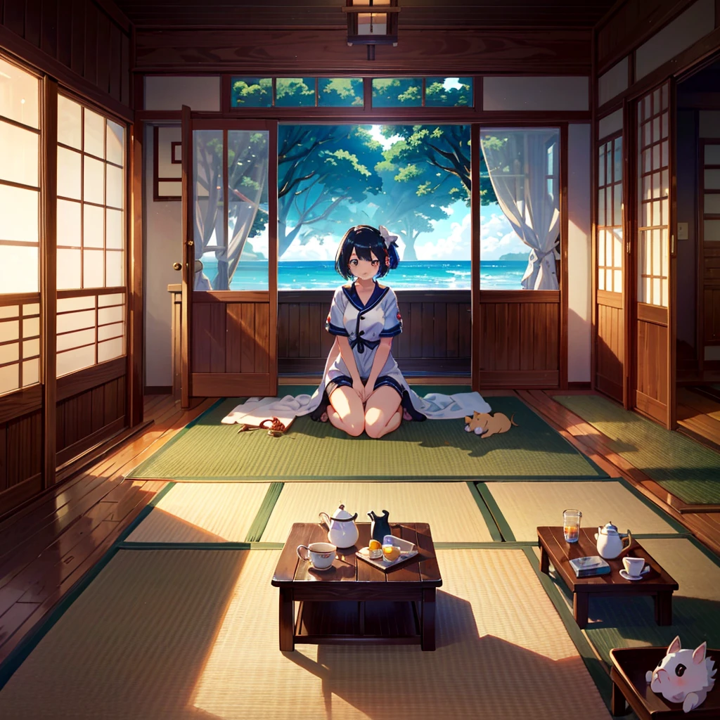 Masterpiece, highest quality, high resolution background, bright and beautiful atmosphere, 3 girls (2 , 1 short-tempered round face), 1 (hair, surface effects), small breasts, inn near the seaside, Showa era atmosphere Room, girls with large bags, tanned mini pigs, mini pigs wearing inn clothes, tatami room, tea and sweets on the table, "deltamon_sdXL :0.73) >Deltamon