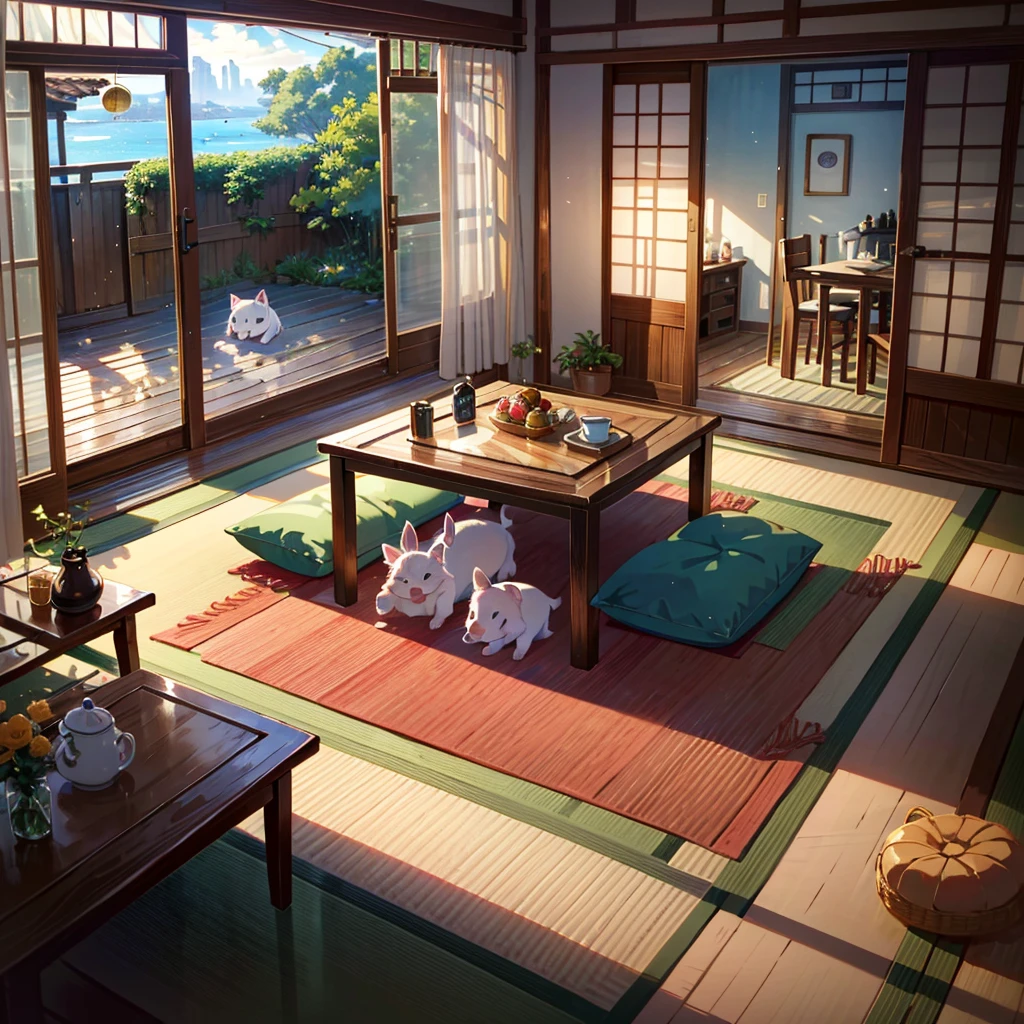 Masterpiece, highest quality, high resolution background, bright and beautiful atmosphere, 3 girls (2 years old, 1 short-tempered round face), 1  (hair, surface effects), small breasts, inn near the seaside, Showa era atmosphere Room, girls with large bags, tanned mini pigs, mini pigs wearing inn clothes, tatami room, tea and sweets on the table, "deltamon_sdXL :0.73) >Deltamon