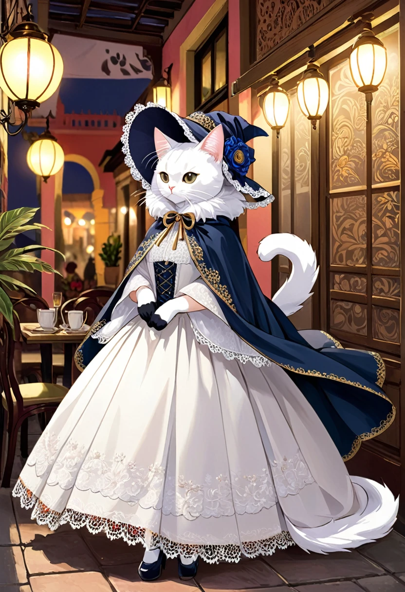 "Draw a white-furred cat with a dark silk cloak covering its head and shoulders., leaving only one eye exposed. The skirt must be wide and decorated with lace and embroidery., and the fitted bodice with decorated sleeves. The cat wears accessories like lace gloves, Low heel shoes, a small decorative hat with feathers, and holds a fan of wood and lace. The environment must convey elegance and a touch of mystery, typical of the Lima tapas of the 19th century in Peru."