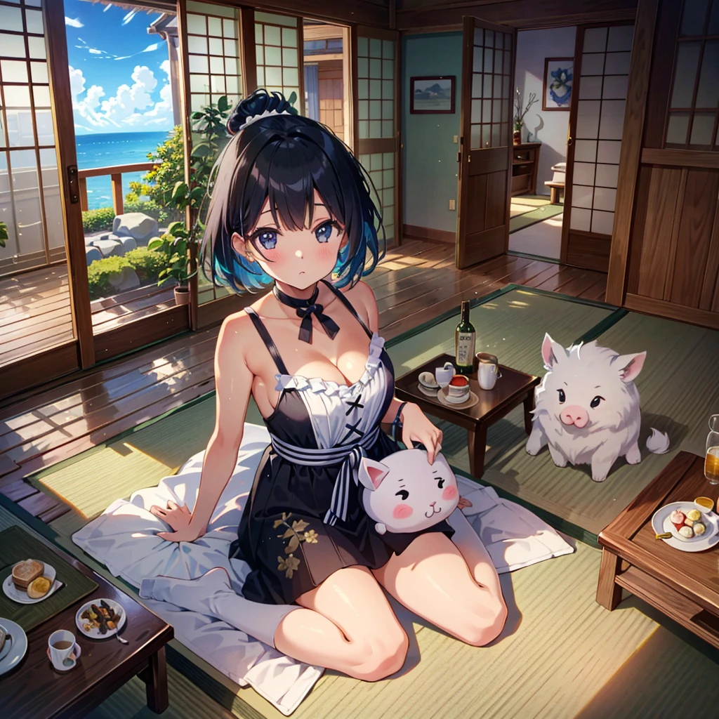 One mature neko girl, tanned skin, black bob hair, cat ear, black eyes, open mouth, licking, night, white sexy japanese kimono. (sitting on boat) (better quality)
