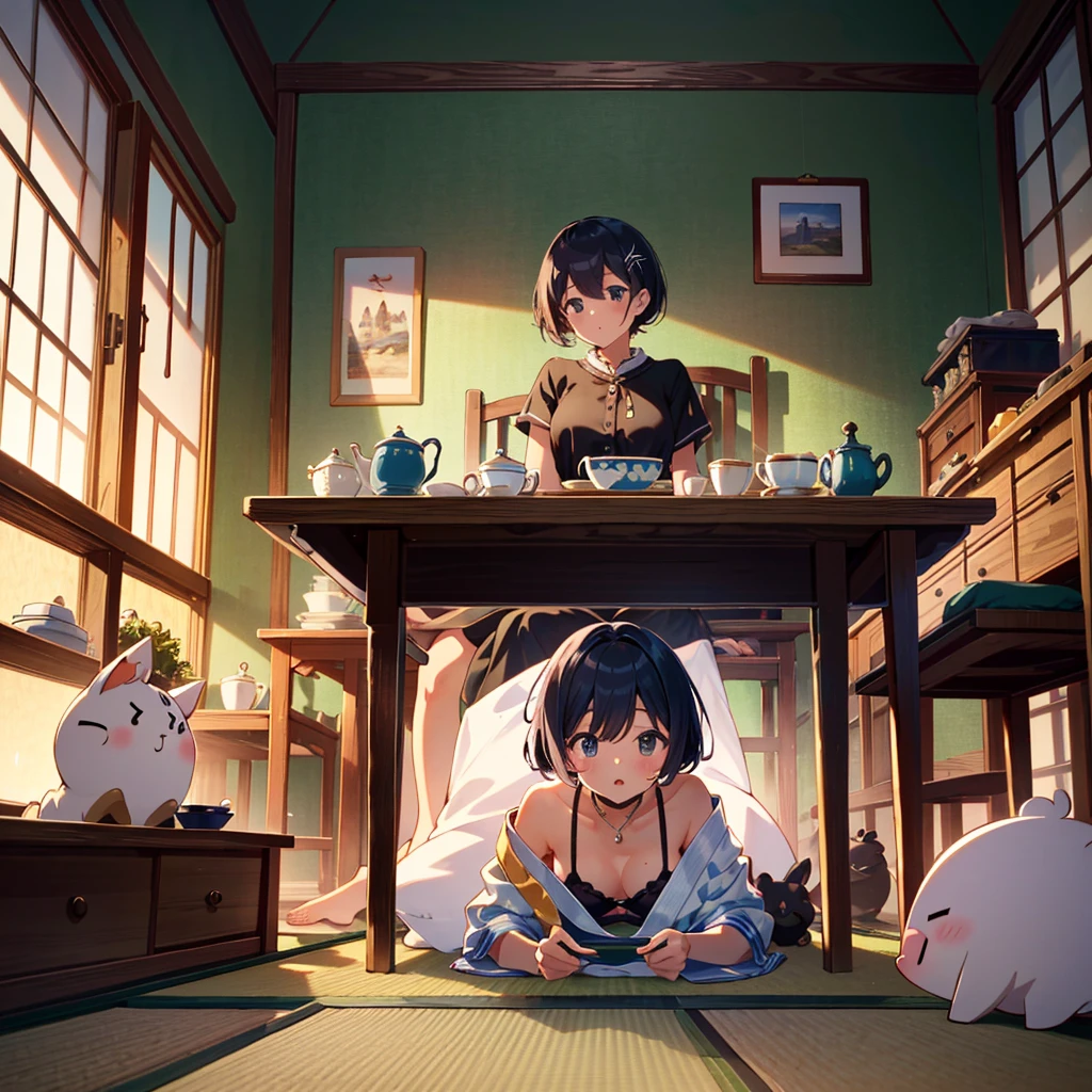 Masterpiece, highest quality, high resolution background, bright and beautiful atmosphere, 3 girls (2 years old, 1 short-tempered round face), 1 (hair, surface effects), small breasts, inn near the seaside, Showa era atmosphere Room, girls with large bags, tanned mini pigs, mini pigs wearing inn clothes, tatami room, tea and sweets on the table, "deltamon_sdXL :0.73) >Deltamon
