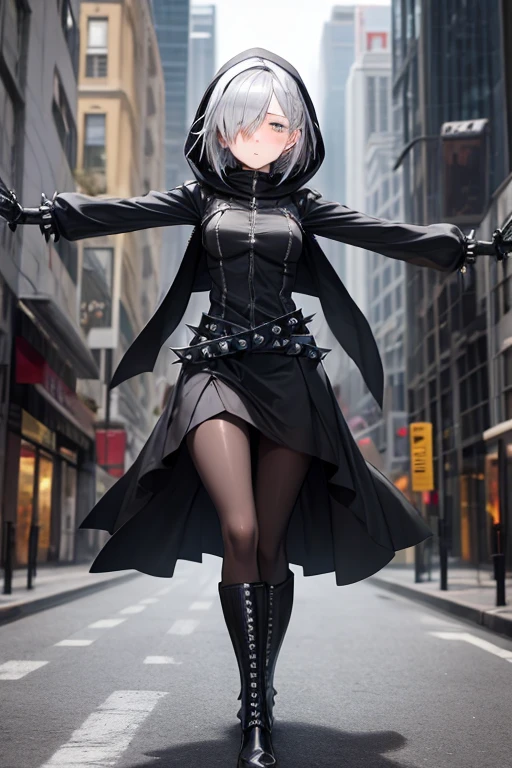 ((best quality)), ((masterpiece)), (detailed), 1 girl, Full body, 18 years old, Depressed face, Silver eyes, Arms outstretched, Arms behind waist, Metal covering her eyes, Gray zippered hood, Blushing, Silver hair, Straight hair, Bangs, Lock of hair covering her eye, Full body, Medium breasts, Slim body, Metal spikes, Grey wristbands, Long black gloves with spikes, Grey Gothic lolita dress, Grey dress with metal spikes, Metal emblem, Somewhat tight, Black belt, Metal legs, Black pantyhose, Black boots, Walking through the city, Metal coming out of the road, City background, Anime