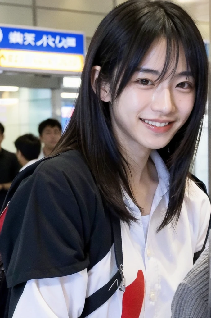 Japanese man, 25 years old, black hair, very Japanese eyes smooth skin, tall charismatic friendly smile is photographed at the airport by paparazzi 