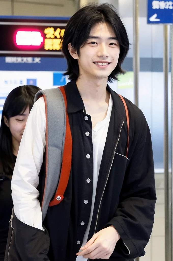 Japanese man, 25 years old, black hair, very Japanese eyes smooth skin, tall charismatic friendly smile is photographed at the airport by paparazzi ￼