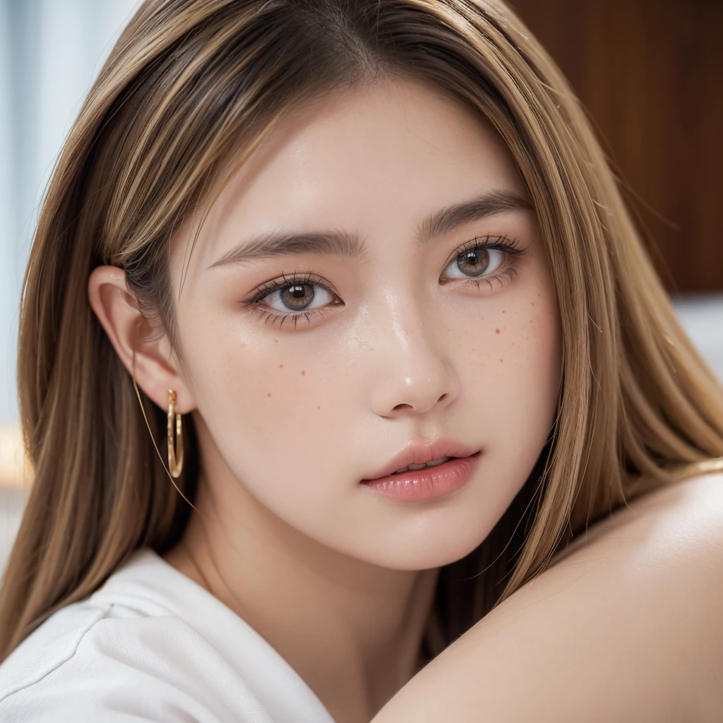 (masterpiece) A highly detailed and realistic portrait of a young 19-year-old woman named Lila Nakamura with a mixed Japanese and Northern European heritage. She has thick, dark black eyeliner and glossy lips, with a cute, endearing expression. Her straight, beautiful blonde hair falls just past her shoulders, styled in a neat and polished manner with subtle blonde highlights. Her almond-shaped eyes are a striking light blue color, accentuated by subtle eyeshadow and mascara. Her skin has a light tone with a natural, fresh look, complemented by a few delicate freckles across her nose. She is wearing a simple, professional outfit: a white blouse and dark jeans, accessorized with small gold hoop earrings. The background is a neutral studio setting with soft lighting to highlight her features perfectly.