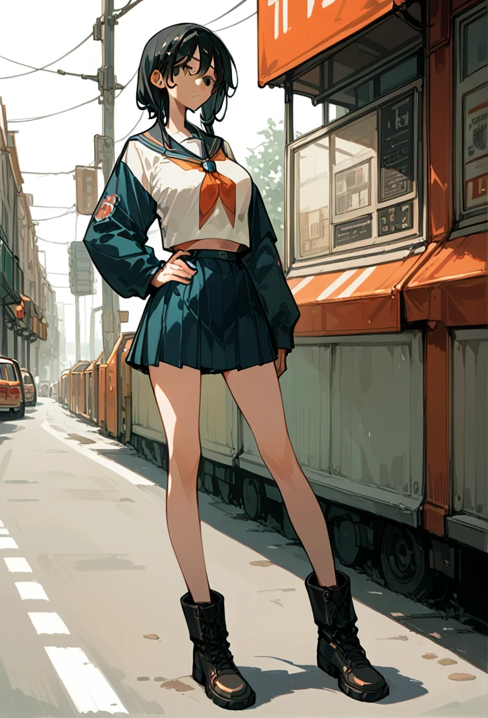 Masterpiece, best quality, high resolution, 1 woman , Ichika , long straight black hair , A cold expression , sailor shirt , short skirt , boots, Long legs , full body , abdomen , big breasts , Put your hands on your hips..... , roadside