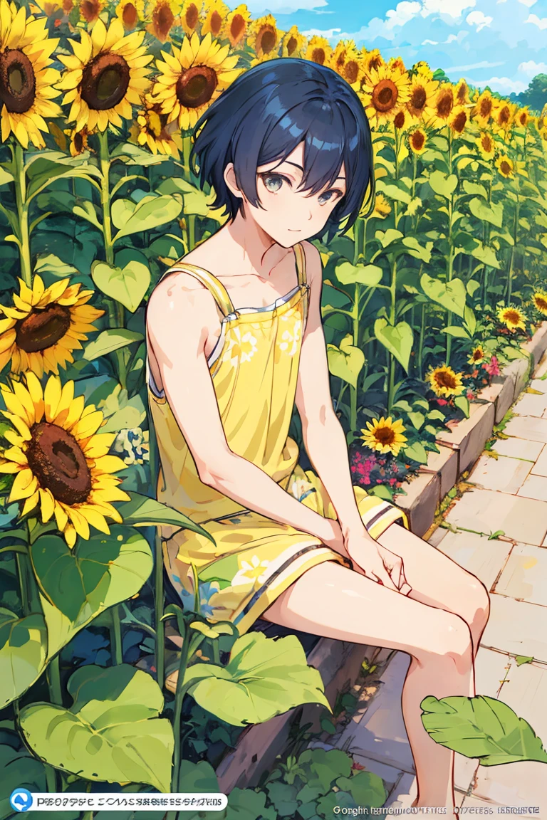 Painting of a boy sitting in a flower bed, 1boy, coronation of Prince of Flowers, Official Anime Artwork, Prince of Flowers, scene : Sunflower field, scene: Sunflower field, bright summer day, Poster ; summer, Official artwork, Yellow sunshine, shigenori soejima illustration, Beautiful sunflower anime girl, Anime Cover, Bright sunny day