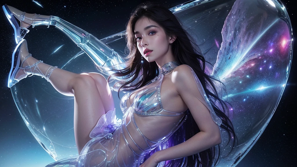 (Best quality,Ultra-detailed,Realistic:1.37), Ethereal eyes, Intricate alien characteristics,[(((Glassy transparent skin)))+purpleish color],(high-heels), Vibrant colors, celestial background, Cosmic atmosphere, otherworldly presence, Starry sky, Radiant celestial bodies, Interstellar beauty.