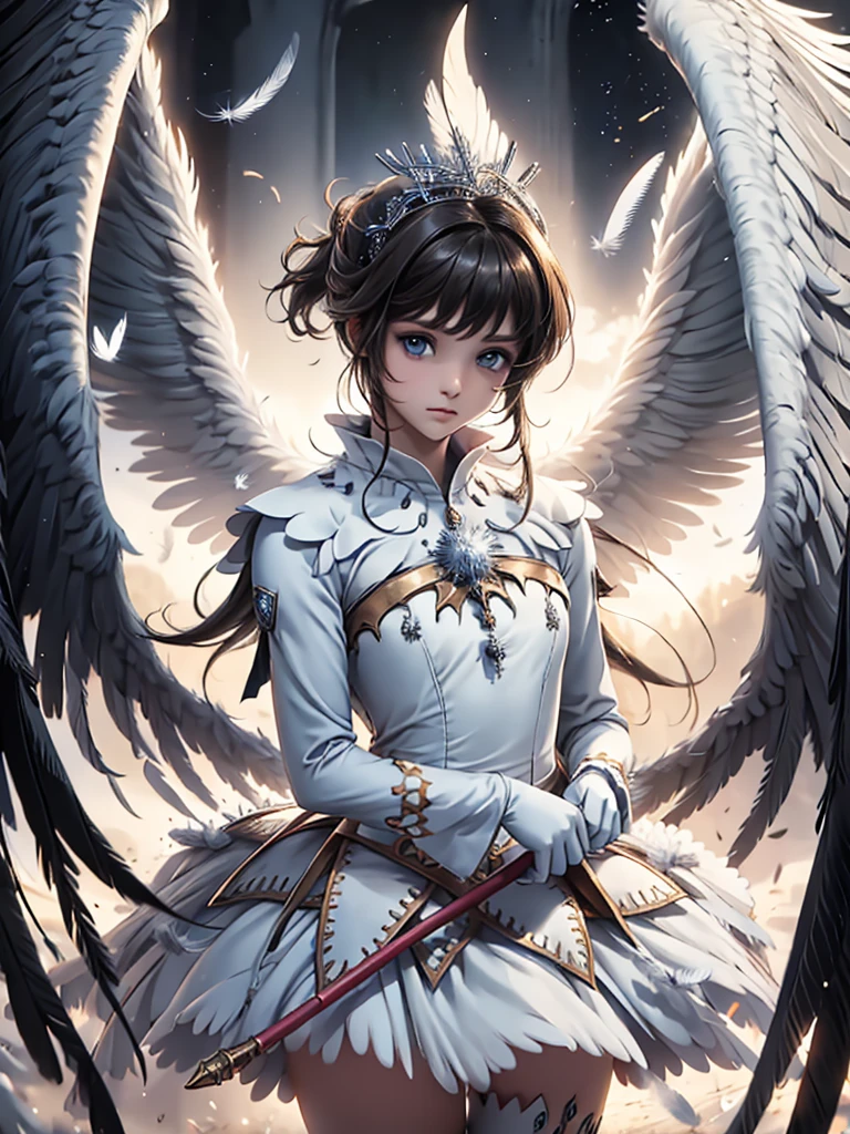 masterpiece, Angel Girl, young,12 years old,Brunette with wings, White dress with feathers, Close-up portrait, Delicate face, Lots of black feathers, silver,Black Wings
