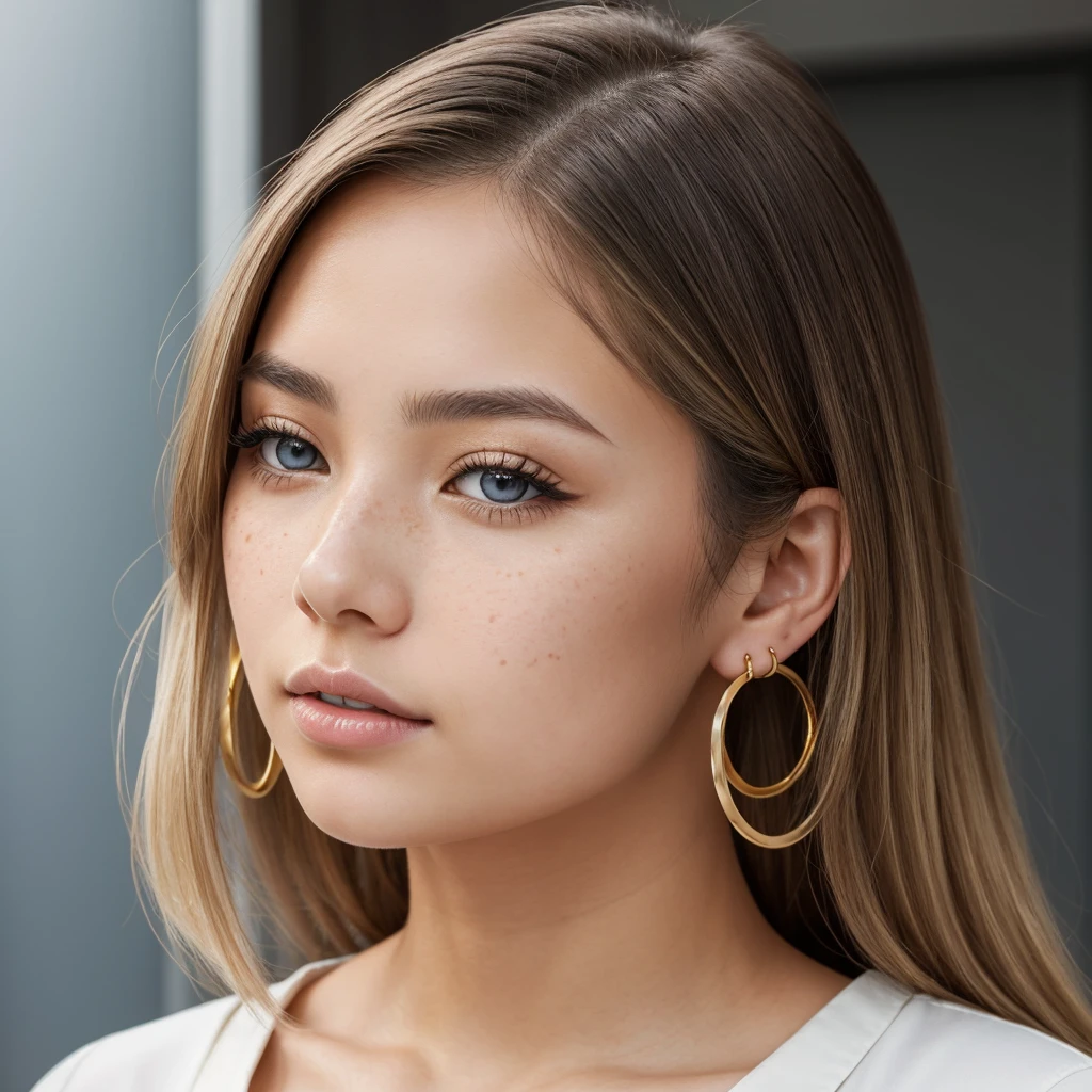(masterpiece) A highly detailed and realistic portrait of a young 19-year-old woman named Lila Nakamura with a mixed Japanese and Northern European heritage. She has thick, dark black eyeliner and glossy lips, with a cute, endearing expression. Her straight, beautiful blonde hair falls just past her shoulders, styled in a neat and polished manner with subtle blonde highlights. Her almond-shaped eyes are a striking light blue color, accentuated by subtle eyeshadow and mascara. Her skin has a light tone with a natural, fresh look, complemented by a few delicate freckles across her nose. She is wearing a simple, professional outfit: a white blouse and dark jeans, accessorized with small gold hoop earrings. The background is a neutral studio setting with soft lighting to highlight her features perfectly.