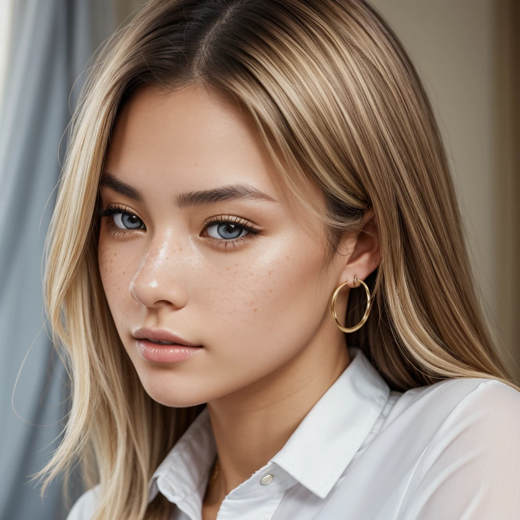 (masterpiece) A highly detailed and realistic portrait of a young 19-year-old woman named Lila Nakamura with a mixed Japanese and Northern European heritage. She has thick, dark black eyeliner and glossy lips, with a cute, endearing expression. Her straight, beautiful blonde hair falls just past her shoulders, styled in a neat and polished manner with subtle blonde highlights. Her almond-shaped eyes are a striking light blue color, accentuated by subtle eyeshadow and mascara. Her skin has a light tone with a natural, fresh look, complemented by a few delicate freckles across her nose. She is wearing a simple, professional outfit: a white blouse and dark jeans, accessorized with small gold hoop earrings. The background is a neutral studio setting with soft lighting to highlight her features perfectly.