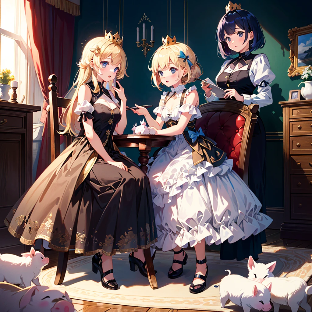 Masterpiece, highest quality, high resolution background, bright and beautiful atmosphere, 3 girls (2 years old, 1 short-tempered round face), 1 child) (hair, surface effects), small breasts, princess style, beautiful crown , the princess's luxurious room, a girl sitting on a chair, mini pigs wearing beautiful clothes, mini pigs lining up, "deltamon_sdXL :0.73) >Deltamon