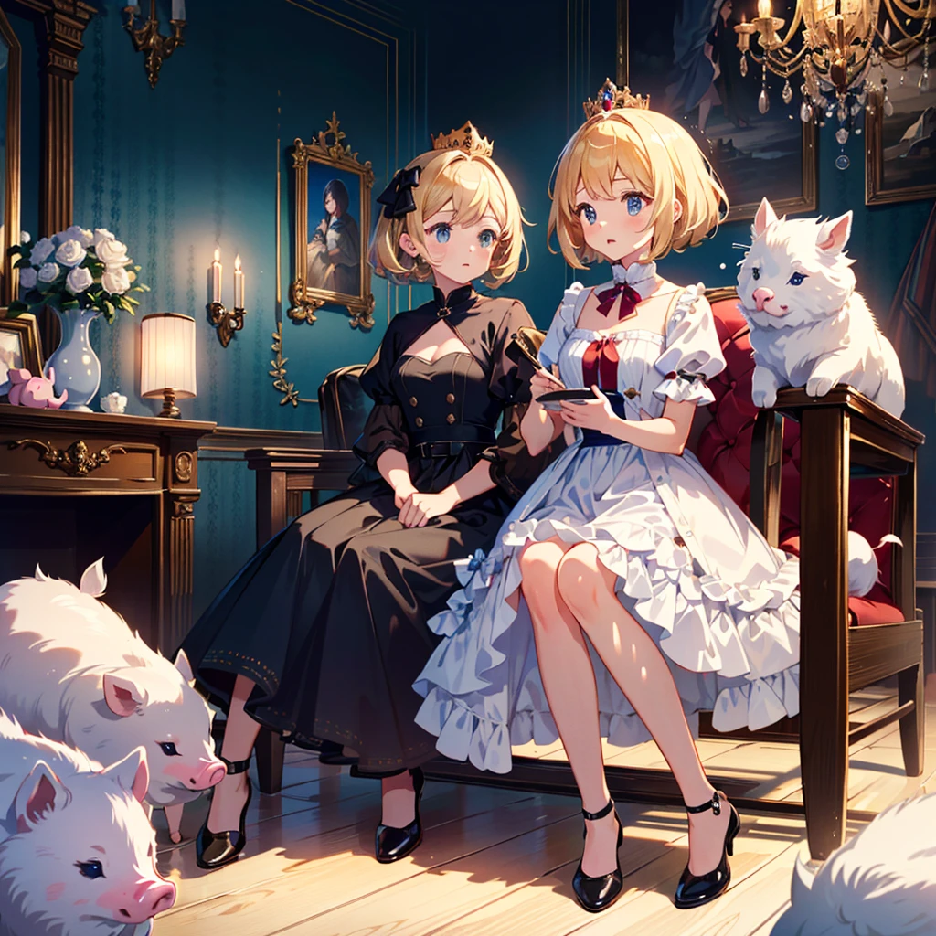 Masterpiece, highest quality, high resolution background, bright and beautiful atmosphere, 3 girls (2 years old, 1 short-tempered round face), 1 child) (hair, surface effects), small breasts, princess style, beautiful crown , the princess's luxurious room, a girl sitting on a chair, mini pigs wearing beautiful clothes, mini pigs lining up, "deltamon_sdXL :0.73) >Deltamon