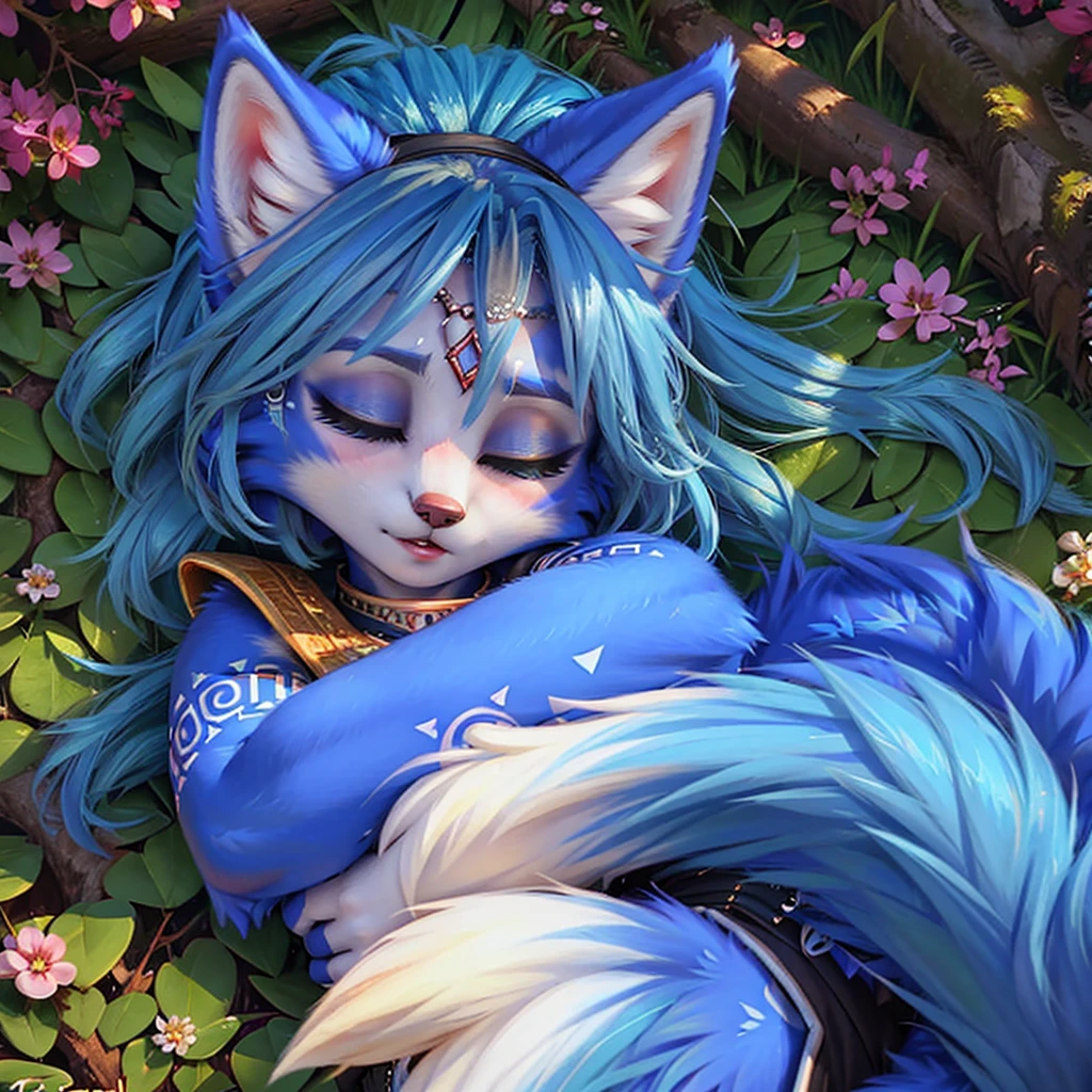 A beautiful and detailed (sweet picture) of ((Krystal)), Star Fox Krystal,  (green eyes), medium breasts, (((Long blue hair 1.3))),  anthro, furry, (of Fluff-Kevlar, Bayard Wu, Personalami, Pino Daeni),  detailed fluffy fur, detailed face, (fluffy), 1 girl, alone, lies on a meadow, looks at the viewer, ((Viewer is above her:1.4)), (sleeps curled up:1.4), (((cuddles with her tail.1.5)))