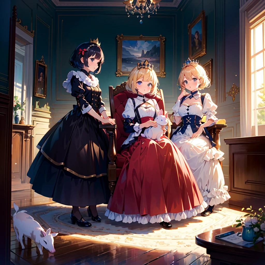 Masterpiece, highest quality, high resolution background, bright and beautiful atmosphere, 3 girls (2 years old, 1 short-tempered round face), 1 child) (hair, surface effects), small breasts, princess style, beautiful crown , the princess's luxurious room, a girl sitting on a chair, mini pigs wearing beautiful clothes, mini pigs lining up, "deltamon_sdXL :0.73) >Deltamon