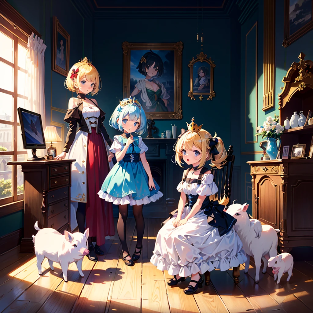 Masterpiece, highest quality, high resolution background, bright and beautiful atmosphere, 3 girls (2 years old, 1 short-tempered round face), 1 child) (hair, surface effects), small breasts, princess style, beautiful crown , the princess's luxurious room, a girl sitting on a chair, mini pigs wearing beautiful clothes, mini pigs lining up, "deltamon_sdXL :0.73) >Deltamon