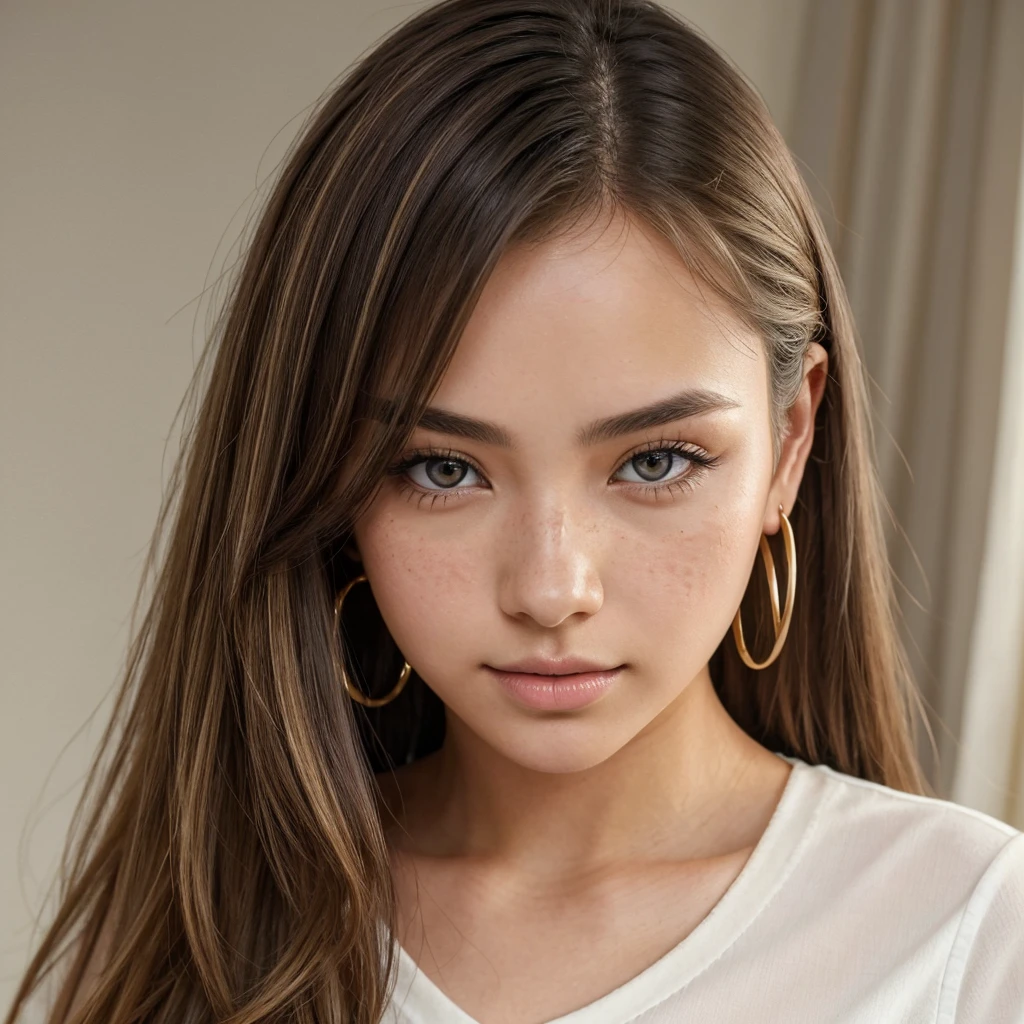 (masterpiece) A highly detailed and realistic portrait of a young 19-year-old woman named Lila Nakamura with a mixed Japanese and Northern European heritage. She has thick, dark black eyeliner and glossy lips, with a cute, endearing expression. Her straight, beautiful blonde hair falls just past her shoulders, styled in a neat and polished manner with subtle blonde highlights. Her almond-shaped eyes are a striking light blue color, accentuated by subtle eyeshadow and mascara. Her skin has a light tone with a natural, fresh look, complemented by a few delicate freckles across her nose. She is wearing a simple, professional outfit: a white blouse and dark jeans, accessorized with small gold hoop earrings. The background is a neutral studio setting with soft lighting to highlight her features perfectly.