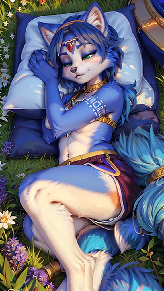 A beautiful and detailed (sweet picture) of ((Krystal)), Star Fox Krystal,  (green eyes), medium breasts, (((Long blue hair 1.3))),  anthro, furry, (of Fluff-Kevlar, Bayard Wu, Personalami, Pino Daeni),  detailed fluffy fur, detailed face, (fluffy), 1 girl, alone, lies on a meadow, looks at the viewer, ((Viewer is above her:1.4)), (sleeps curled up:1.4), (((cuddles with her tail.1.5)))