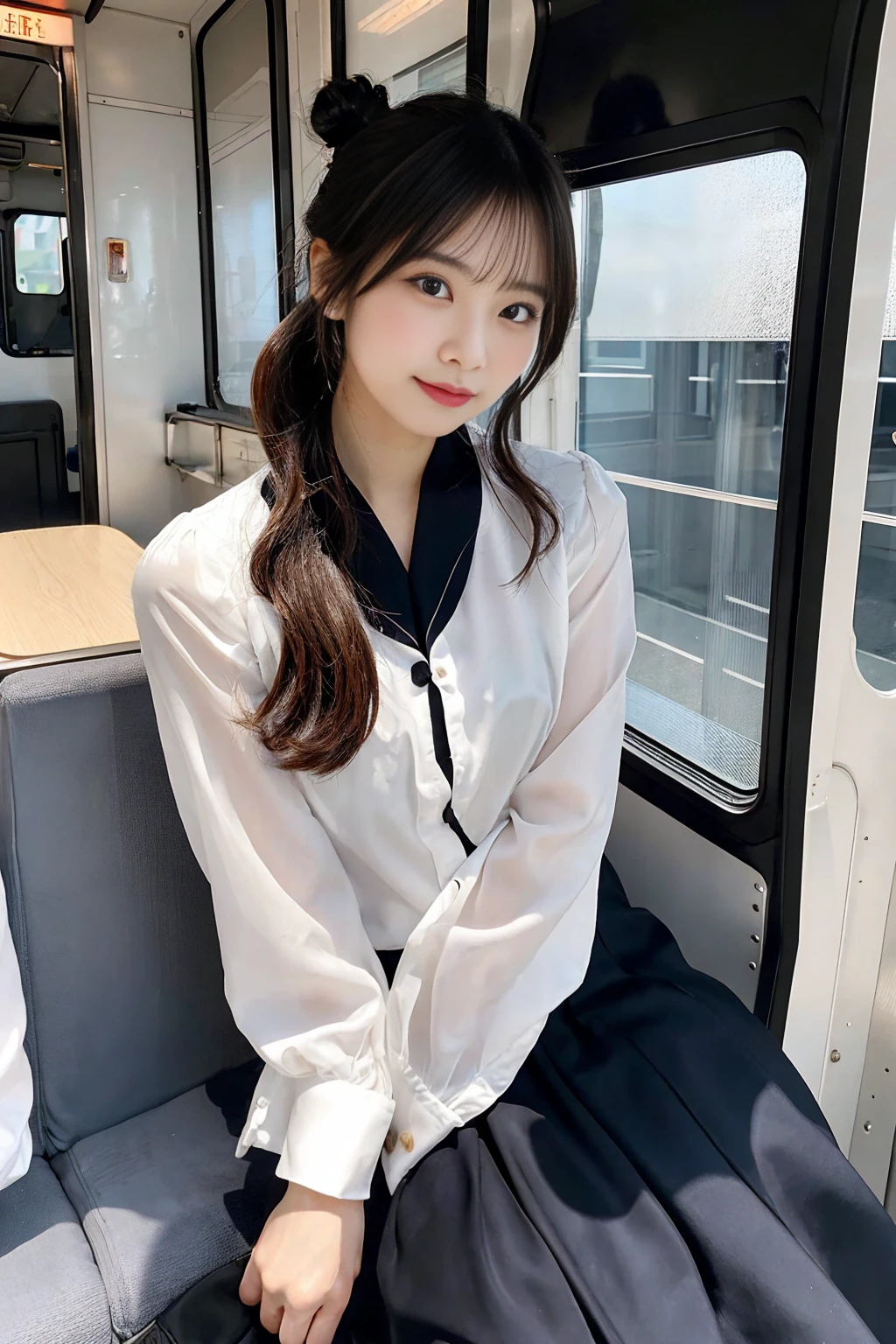 Create a close-up image of a beautiful Japanese woman who works as a bus guide with a seductive expression.。She wears a tight uniform、プロフェッショナルさとcharmを強調しています。Her hair was neatly tied up.、She has an elegant look with a bun or ponytail style.。The background is a softly blurred bus interior.、The warm lighting highlights her features.。The makeup is perfect、特に目と唇に重点を置いて彼女のcharmを引き立てています。Confident、She has a slightly mysterious look、Elegance、charm、And it creates a professional atmosphere.。The uniform fits her body perfectly.、Show off your curves but still look polished and professional。makes her silhouette look elegant、Make sure to highlight her style。