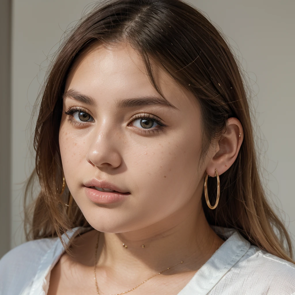 (masterpiece) A highly detailed and realistic portrait of a young 19-year-old woman named Lila Nakamura with a mixed Japanese and Northern European heritage. She has thick, dark black eyeliner and glossy lips, with a cute, endearing expression. Her straight, beautiful blonde hair falls just past her shoulders, styled in a neat and polished manner with subtle blonde highlights. Her almond-shaped eyes are a striking light blue color, accentuated by subtle eyeshadow and mascara. Her skin has a light tone with a natural, fresh look, complemented by a few delicate freckles across her nose. She is wearing a simple, professional outfit: a white blouse and dark jeans, accessorized with small gold hoop earrings. The background is a neutral studio setting with soft lighting to highlight her features perfectly.