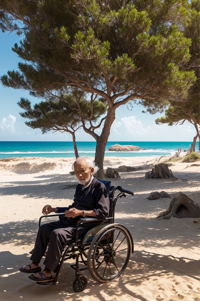 Old elderly master in a large place with sand trees around sea with signs of age 