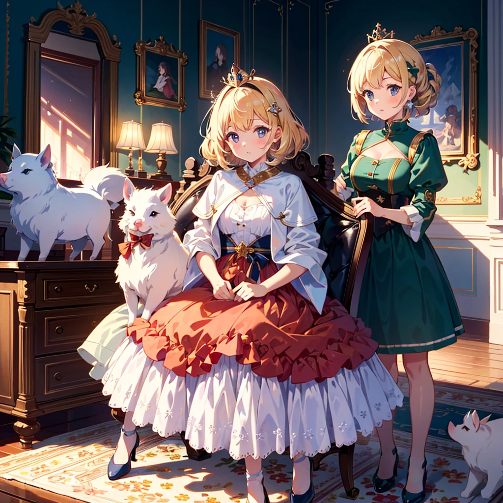 Masterpiece, highest quality, high resolution background, bright and beautiful atmosphere, 3 girls (2 , 1 short-tempered round face), 1 child) (hsurface effects), small breasts, princess style, beautiful crown , the princess's luxurious room, a girl sitting on a chair, mini pigs wearing beautiful clothes, mini pigs lining up, "deltamon_sdXL :0.73) >Deltamon