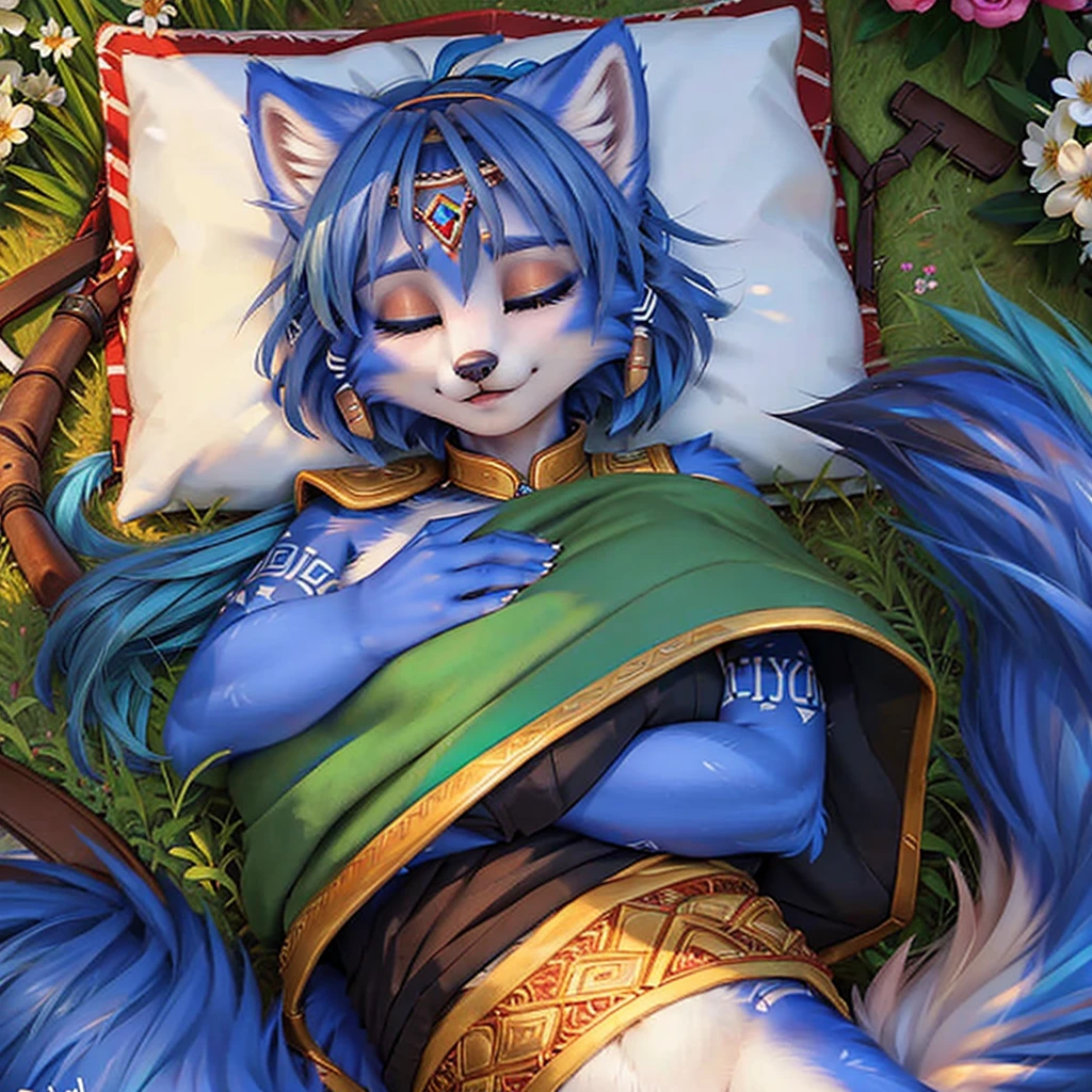 A beautiful and detailed (sweet picture) of ((Krystal)), Star Fox Krystal, (green eyes), medium breasts, (((Long blue hair 1.3))), anthro, furry, (of Fluff-Kevlar, Bayard Wu, Personalami, Pino Daeni), detailed fluffy fur, detailed face, (fluffy), 1 girl, alone, lies on a meadow, looks at the viewer, ((Viewer is above her:1.4)), (sleeps curled up:1.4), (((cuddles with her tail.1.5)))