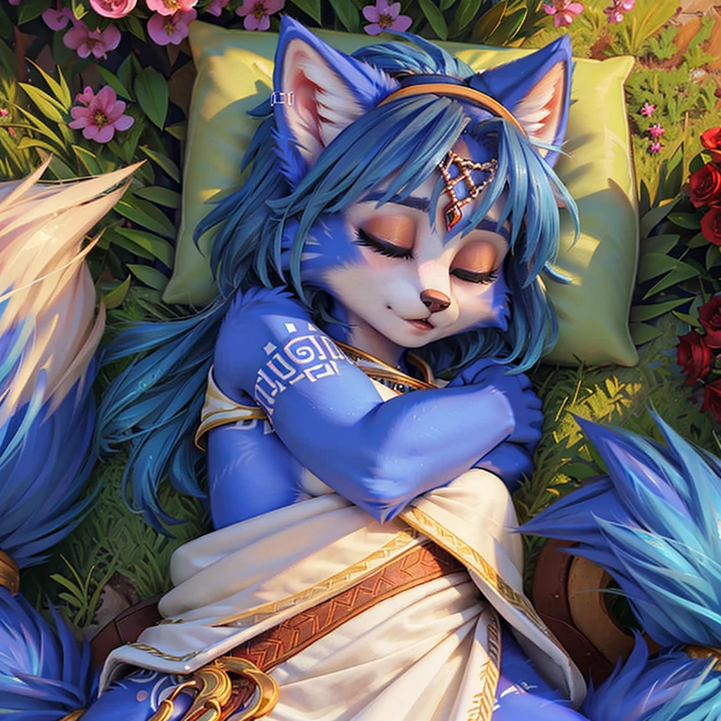 A beautiful and detailed (sweet picture) of ((Krystal)), Star Fox Krystal,  (green eyes), medium breasts, (((Long blue hair 1.3))),  anthro, furry, (of Fluff-Kevlar, Bayard Wu, Personalami, Pino Daeni),  detailed fluffy fur, detailed face, (fluffy), 1 girl, alone, lies on a meadow, looks at the viewer, ((Viewer is above her:1.4)), (sleeps curled up:1.4), (((cuddles with her tail.1.5)))