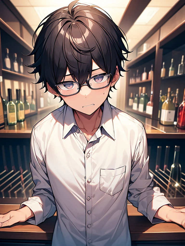 Black-haired, nerdy young man, white shirt, jacket, bar counter, dumbfounded face, wrinkled brow, glasses