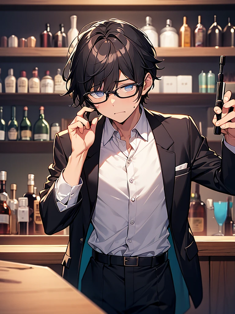 Black-haired, nerdy young man, white shirt, jacket, bar counter, dumbfounded face, wrinkled brow, glasses