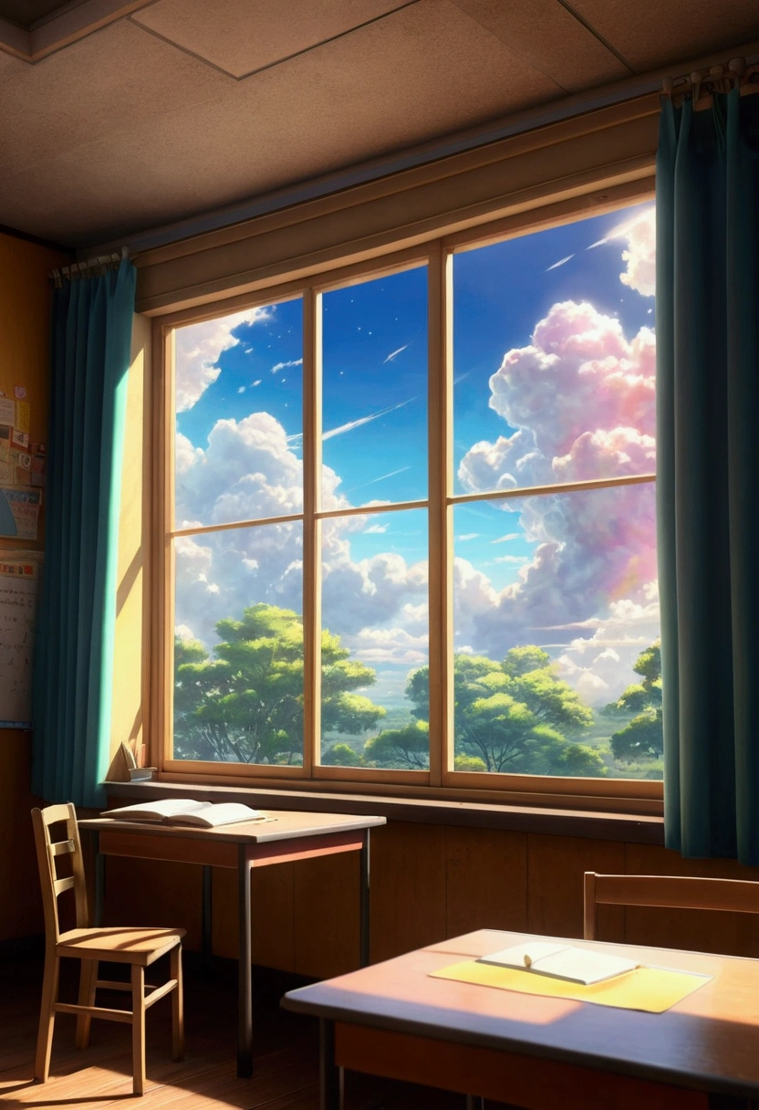 Shinkai Makoto animation style scenery, very realistic iridescent clouds through classroom window, shining sunlight, notebook on desk, curtains swaying in the wind, nostalgic atmosphere, blackboard with chalk eraser marks, dreamy romantic scene, high detail, vivid colors, Shinkai Makoto style.