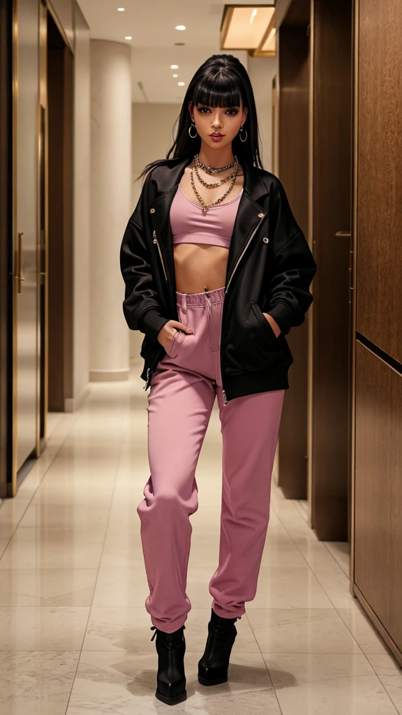Alisha Lehmann skinny sexy model, black hair with Chinese bangs She is wearing an oversized pink sweatshirt hoodie with big oversized denim jacket street wear tendy wear hands in pockets and big baggy oversized pink sweatpants se has small sexy breasts ankle boots heels sexy skinny thighs,full body view,luxuy hotel lobby hooves earrings, necklace chain,no tattoo walking , big hooves earrings, facing the camera full body view hands in pockets all fingers in pockets oversized high waist baggy pants hands in pockets