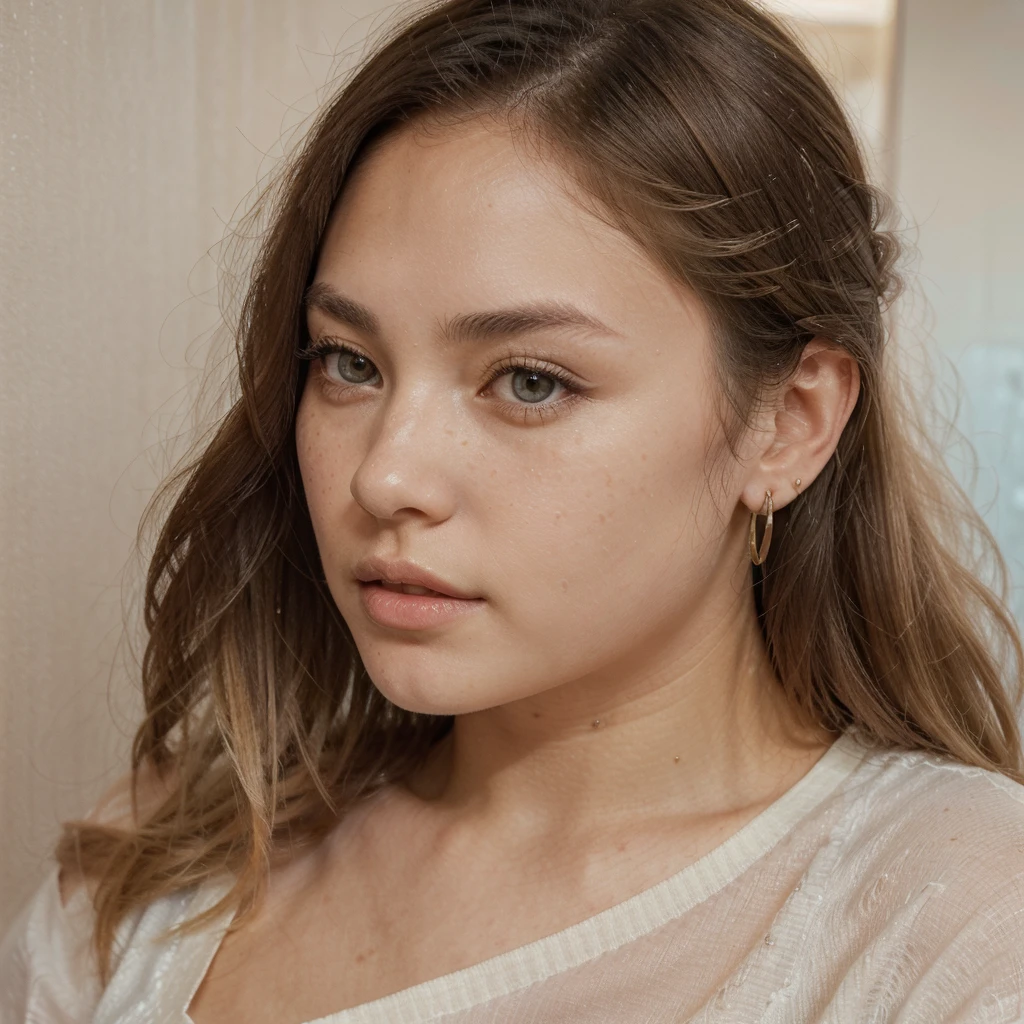 (masterpiece) A highly detailed and realistic portrait of a young 19-year-old woman named Lila Nakamura with a mixed Japanese and Northern European heritage. She has thick, dark black eyeliner and glossy lips, with a cute, endearing expression. Her straight, beautiful blonde hair falls just past her shoulders, styled in a neat and polished manner with subtle blonde highlights. Her almond-shaped eyes are a striking light blue color, accentuated by subtle eyeshadow and mascara. Her skin has a light tone with a natural, fresh look, complemented by a few delicate freckles across her nose. She is wearing a simple, professional outfit: a white blouse and dark jeans, accessorized with small gold hoop earrings. The background is a neutral studio setting with soft lighting to highlight her features perfectly.