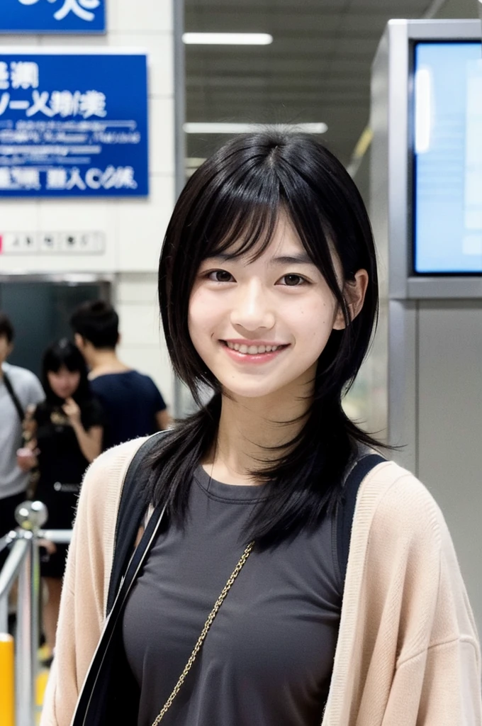 Japanese boy, black hair, very Japanese eyes smooth skin, tall charismatic friendly smile is photographed at the airport by paparazzi ￼