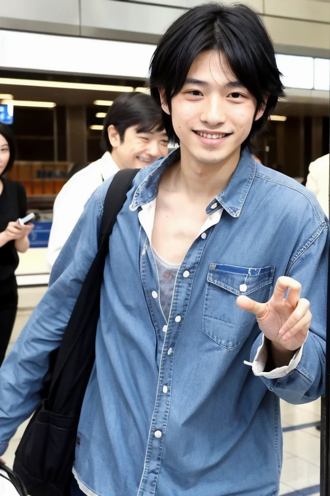 Japanese boy, black hair, very Japanese eyes smooth skin, tall charismatic friendly smile is photographed at the airport by paparazzi 