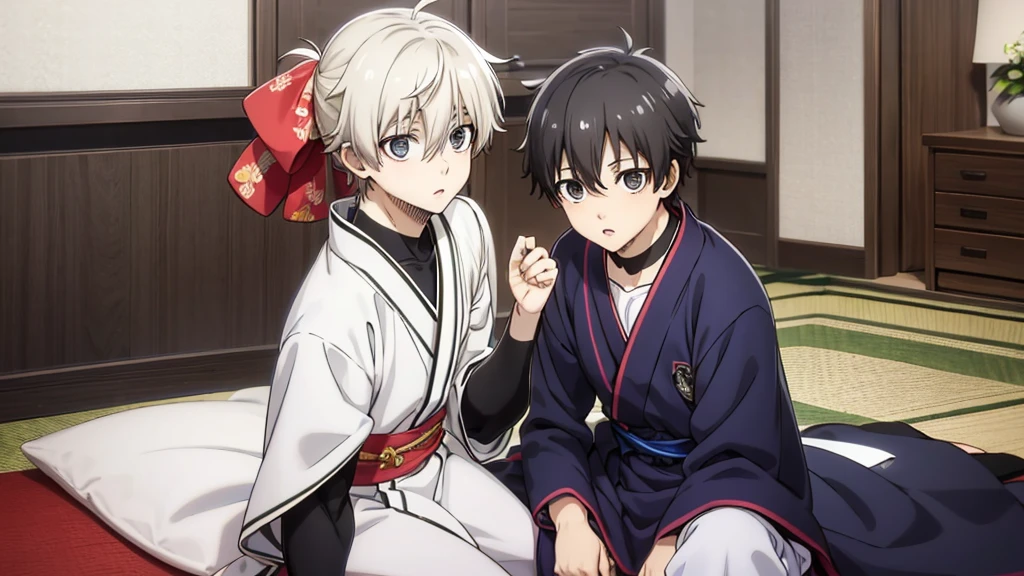 (masterpiece), best quality, expressive eyes, perfect face, cute anime boy, shota, cute, anime cutscene, siblings, domestic, kimono, happy