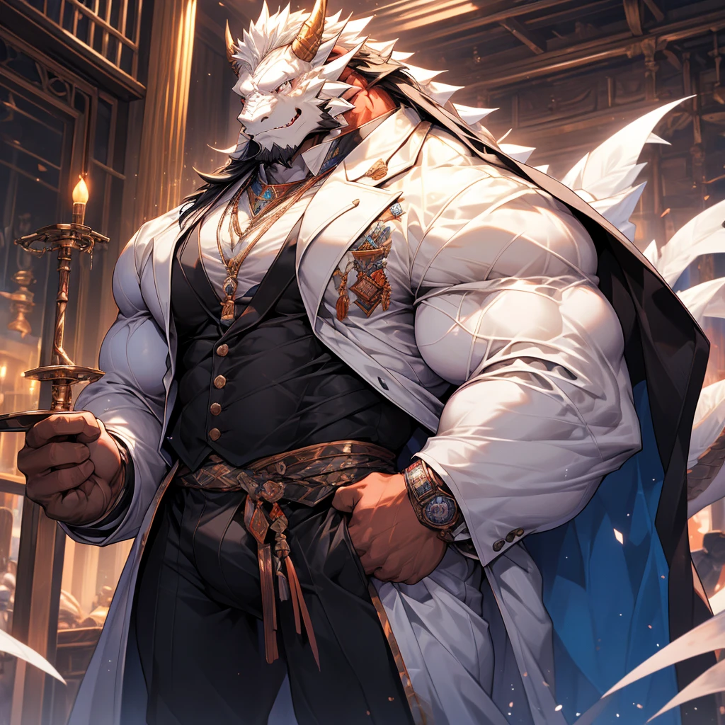 Very muscular white dragon, big pecs, heavy weight, bodybuilder build, wearing white suit,white clothes,black cloak， large bulge, black whiskers，stand and taking a long tobacco pipe, in the public full of building, bright smile expression, glistening skin, black long hair,vibrant color, 4k, realism, cool lighting