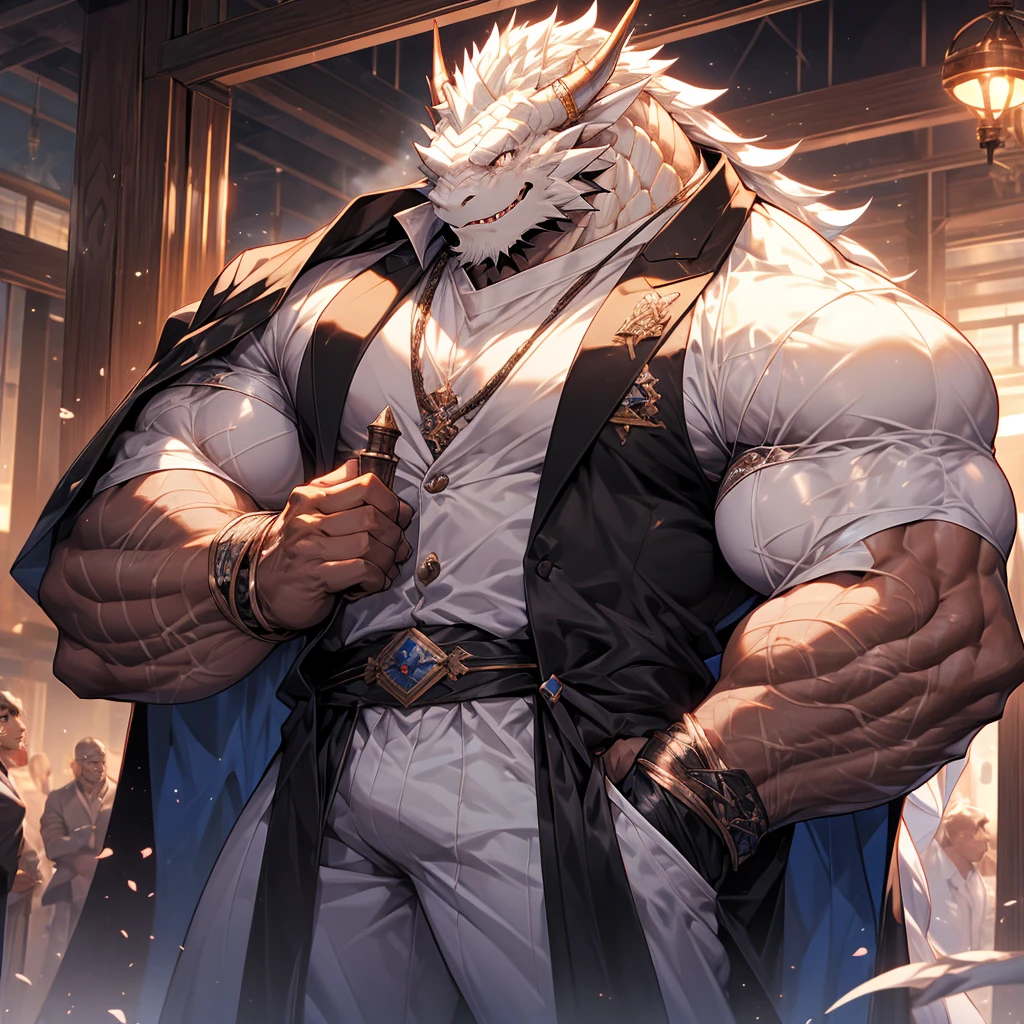 Very muscular white dragon, big pecs, heavy weight, bodybuilder build, wearing white suit,white clothes,black cloak， large bulge, black whiskers，stand and taking a long tobacco pipe, in the public full of building, bright smile expression, glistening skin, black long hair,vibrant color, 4k, realism, cool lighting