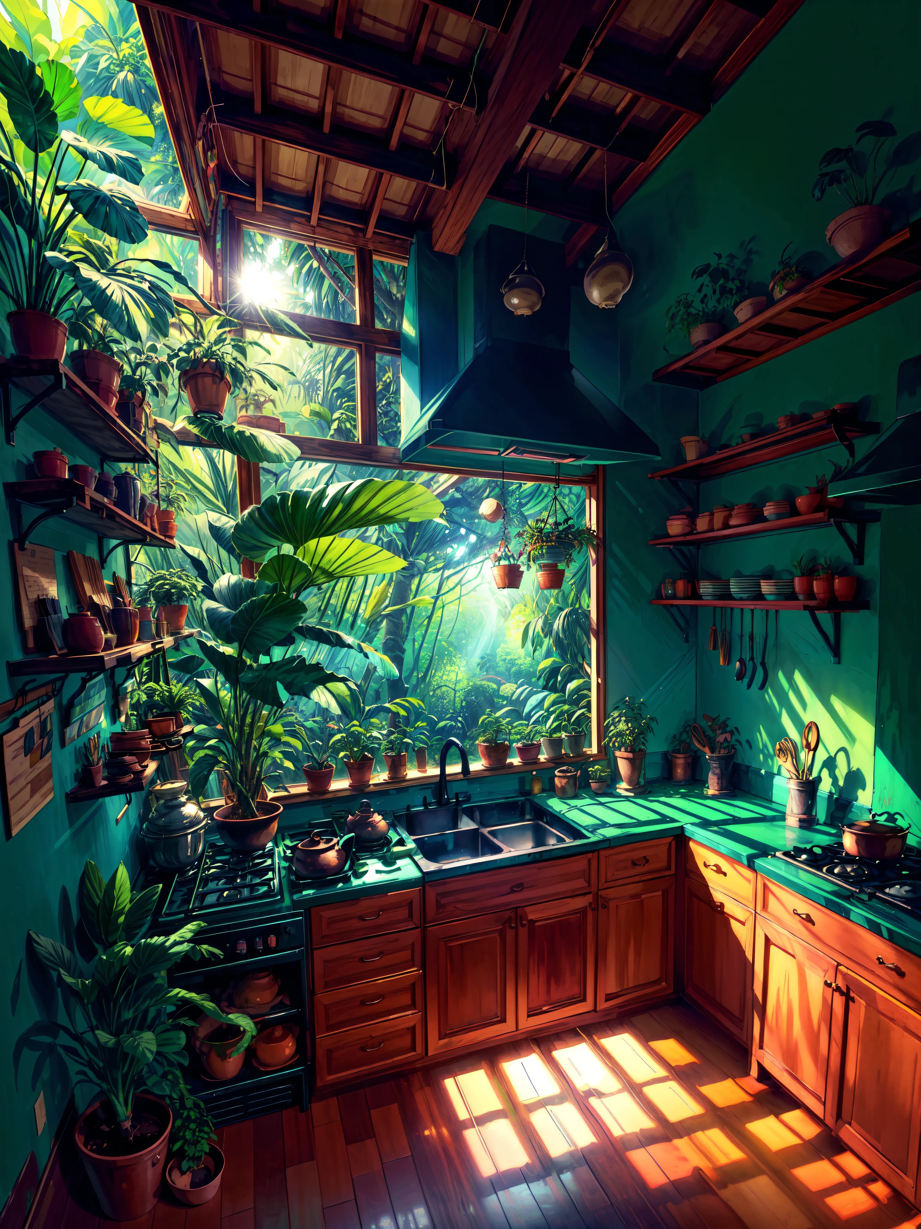 super wide perspective, an indoor view of beautiful indo kitchen, forest visible from window, ghibli anime scene, pots with tropical leafy plants, shelf, organiser, sunrays falling on table, utensils, refrigerator, shadows, cinematic color tones, subtle light, vibrant color tones, ghibli style, no humans, scenery, masterpiece, high resolution