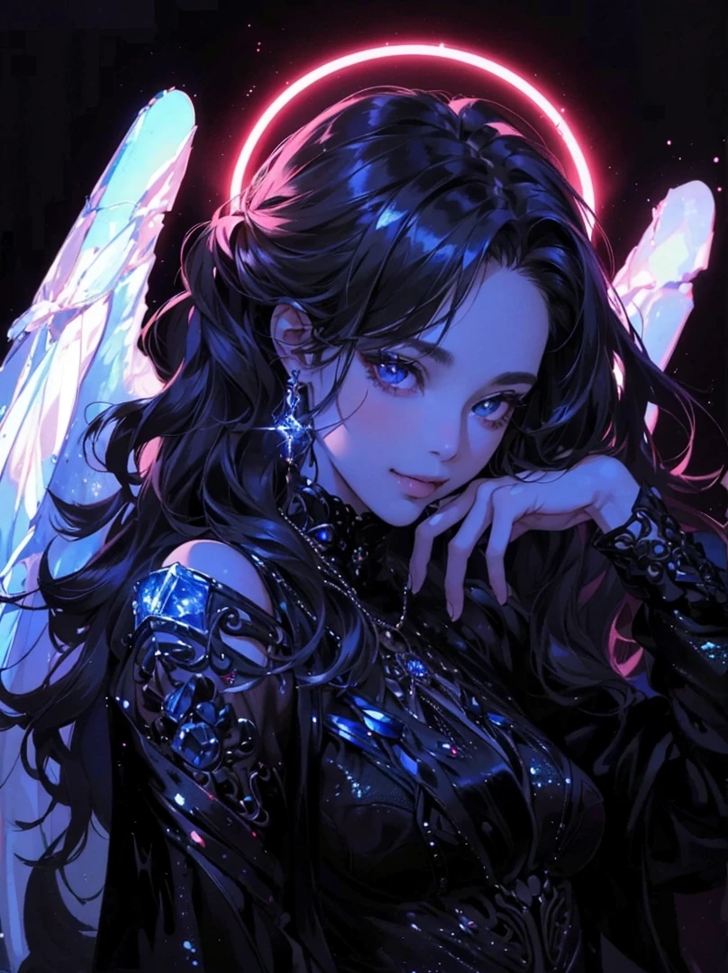 (Tabletop, Digital Art, Digital Illustration, 4K, 8k, Very detailed, Beautiful images, Clear images, Realistic, RAW Photos, Perfect Face, Perfect Lines, Perfect Eyes, Soft lighting) ,1 female, (Long black Shiny hair,Parted bangs、Bullish gaze,beauty,Mouth closed,Grin,mature,(thin,),White skin,23 year old female,:1.3),Shiny感触、Shiny感触、Lip gloss、Blue Crystal Jewelry、Shiny